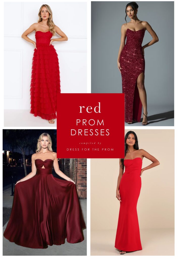 A collage of 4 images of models wearing red dresses for prom